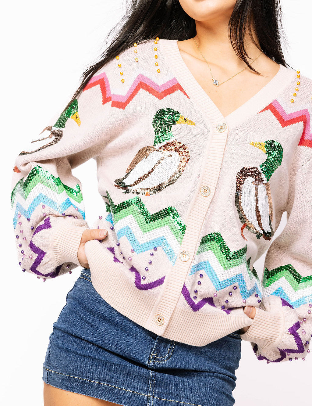 Preorder Multi Zig Zag Duck Cardigan - Beige [Queen of Sparkles]