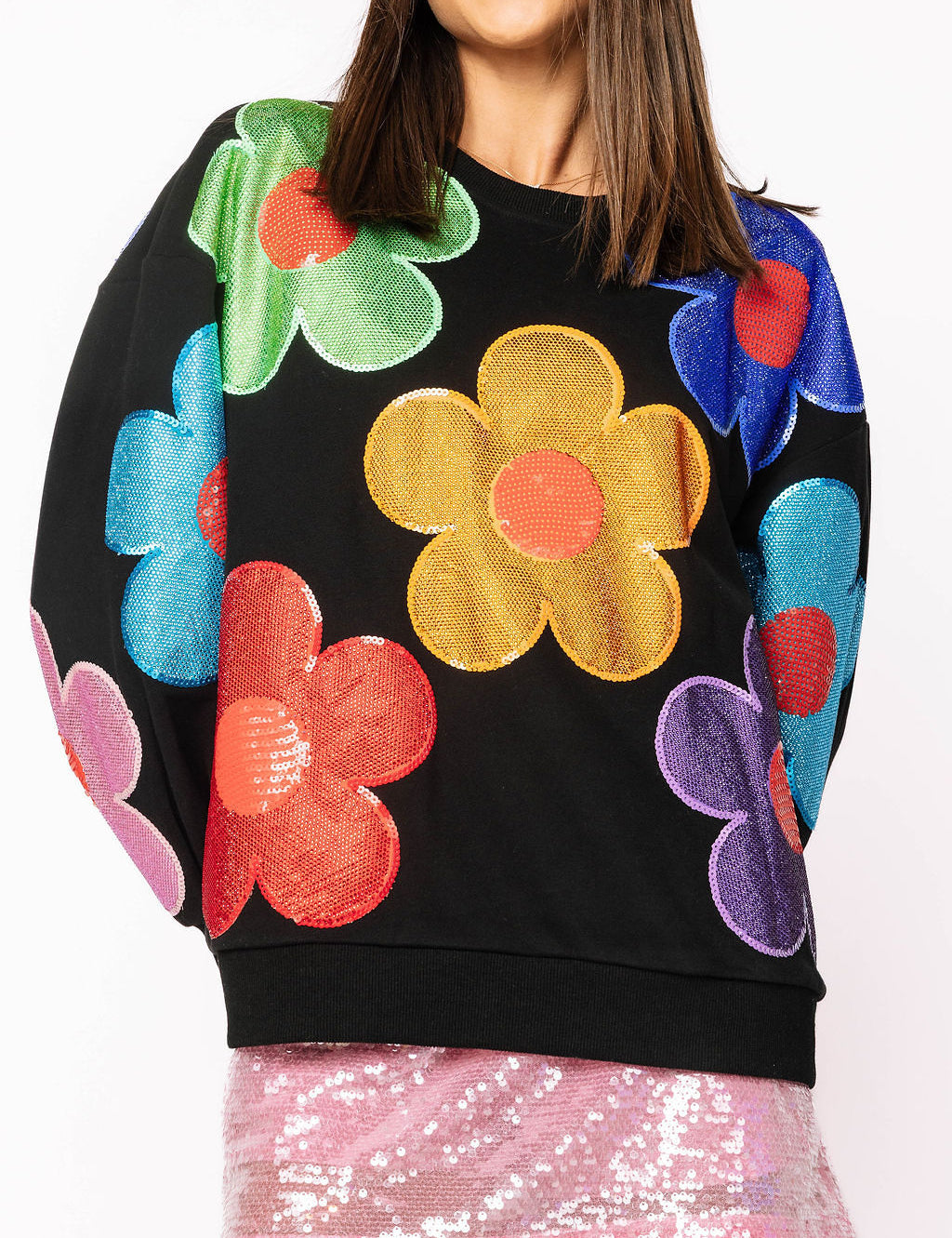 Preorder Multi Oversized Rhinestone Flower Sweatshirt - Black [Queen of Sparkles]