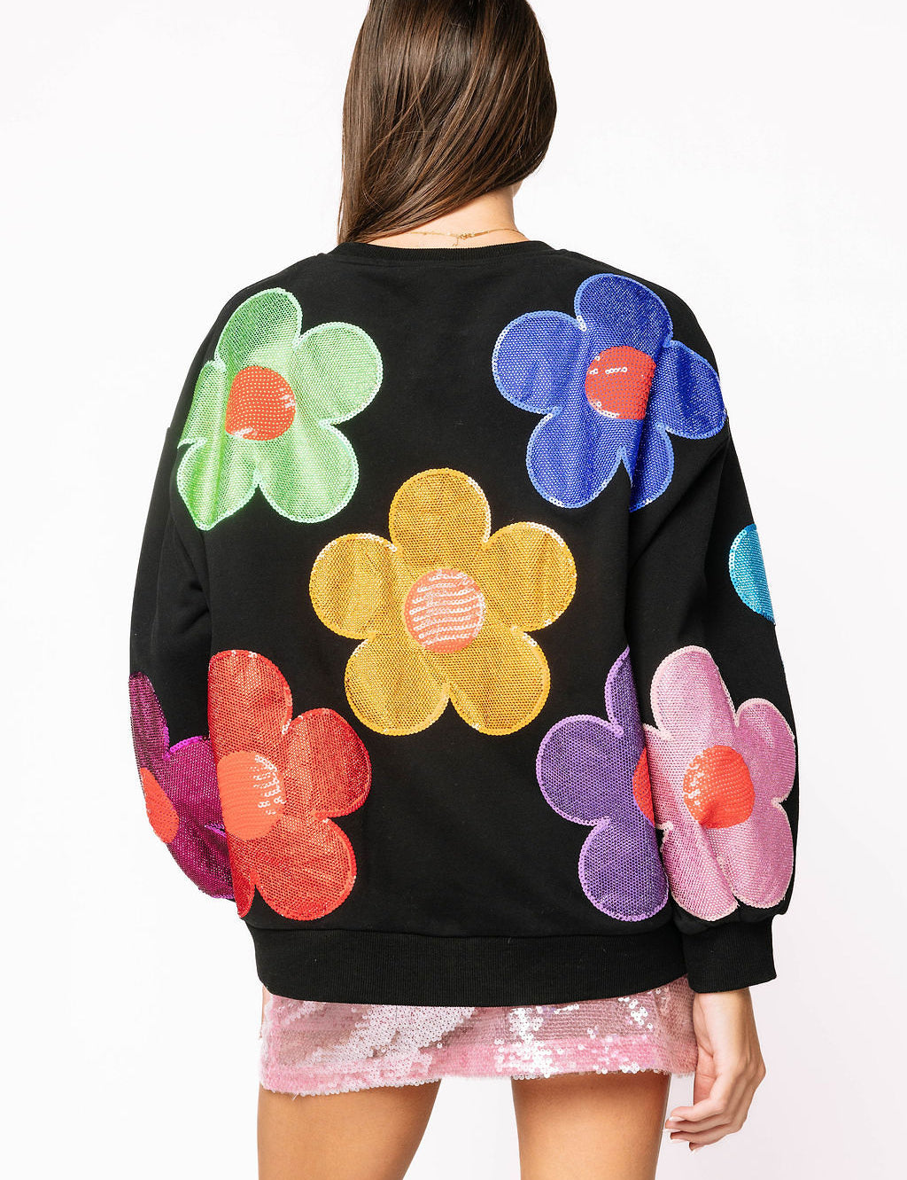 Preorder Multi Oversized Rhinestone Flower Sweatshirt - Black [Queen of Sparkles]