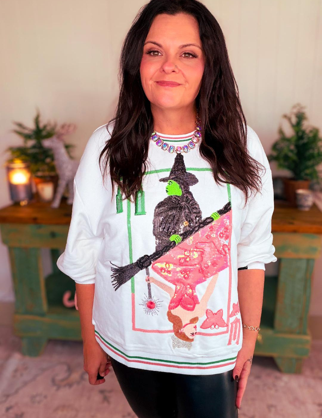 Licensed Elphaba & Glinda Card Sweatshirt – White | Queen of Sparkles