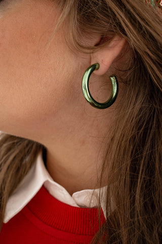 Green Enamel Hoops Metallic Earrings