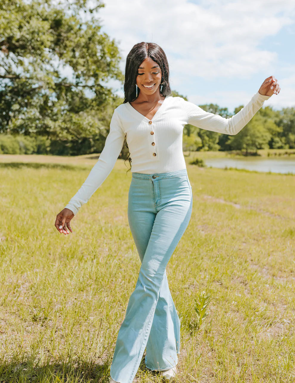 Holly Long Sleeve Button Up Bodysuit - White [BuddyLove]
