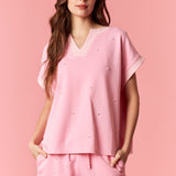 Light Pink Pearl Stud French Terry Dolman Top