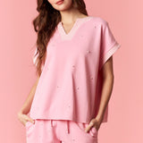 Light Pink Pearl Stud French Terry Dolman Top