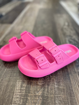 Hot Pink Slip On Sandals With Buckle