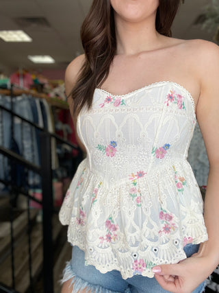 Keeping The Plan Strapless Floral Peplum Top