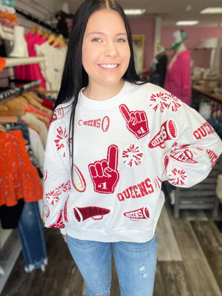 White & Crimson Cheers Queen Icon Sweatshirt Queen of Sparkles