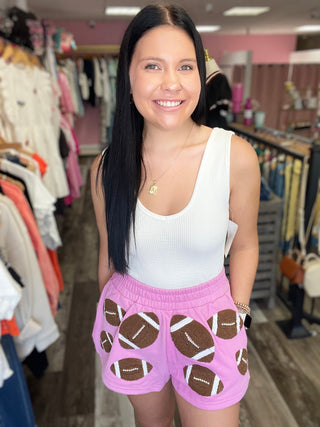 Pink & Brown Fuzzy Football Shorts Queen of Sparkles