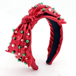 Christmas Bow Headband With Beads Red