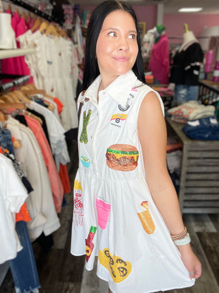 White Tailgate Food Collar Dress Queen of Sparkles