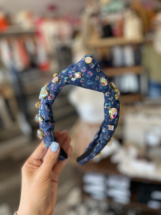 Leopard Denim Headband with Iridescent Crystals