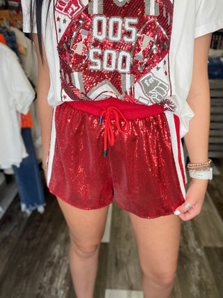 Red Full Sequin Shorts With White Side Stripe Queen of Sparkles