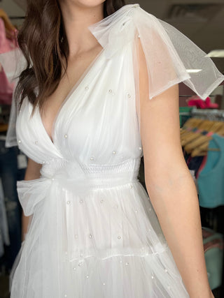 Reach Out To You White Pearl Mesh Maxi Dress