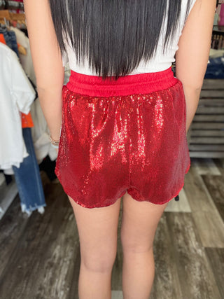Red Full Sequin Shorts With White Side Stripe Queen of Sparkles