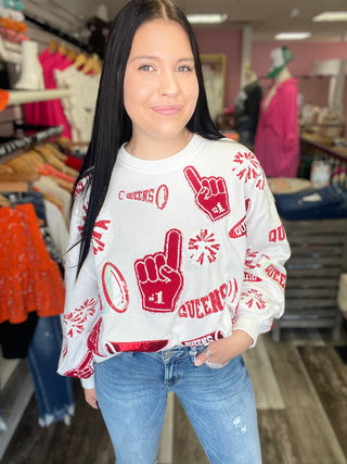 White & Crimson Cheers Queen Icon Sweatshirt Queen of Sparkles
