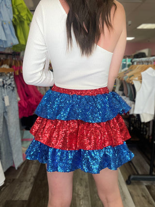 Red and Blue Sequin Tiered Ruffle Skirt