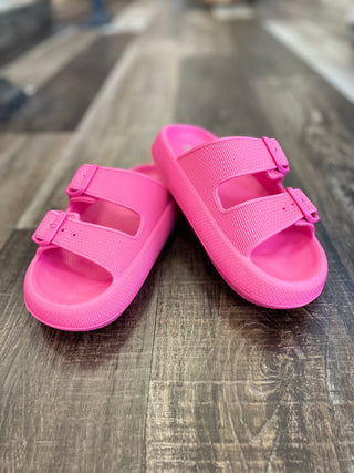 Hot Pink Slip On Sandals With Buckle