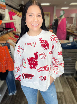 White & Crimson Cheers Queen Icon Sweatshirt Queen of Sparkles