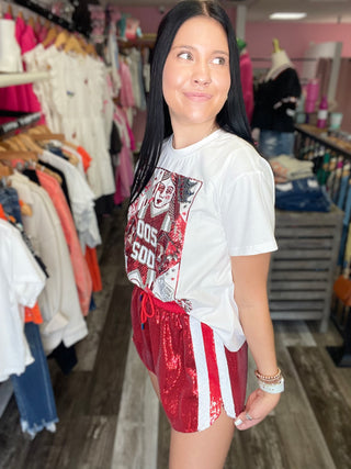 Red Full Sequin Shorts With White Side Stripe Queen of Sparkles