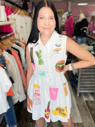 White Tailgate Food Collar Dress Queen of Sparkles