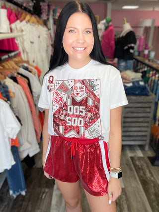 Red Full Sequin Shorts With White Side Stripe Queen of Sparkles