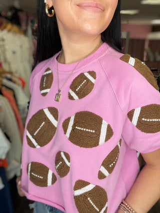 Pink & Brown Fuzzy Football Top Queen of Sparkles