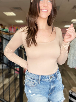 Move On To Better Taupe Scoop Neck long Sleeve Bodysuit