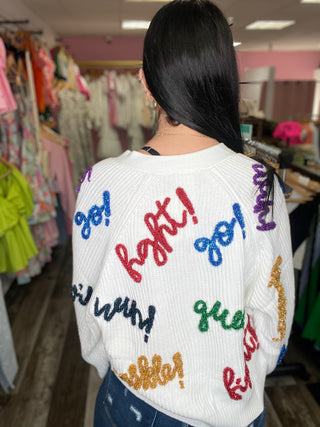 White & Rainbow Go Fight Win Cardigan Queen of Sparkles