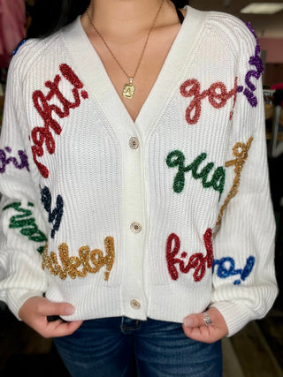 White & Rainbow Go Fight Win Cardigan Queen of Sparkles