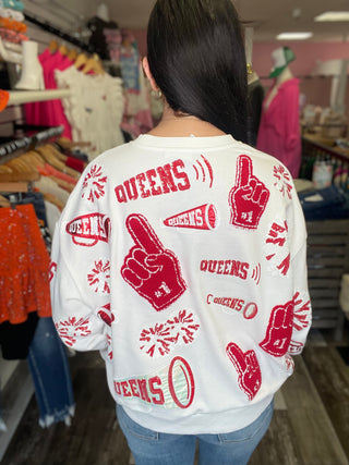 White & Crimson Cheers Queen Icon Sweatshirt Queen of Sparkles