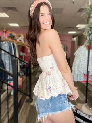 Keeping The Plan Strapless Floral Peplum Top