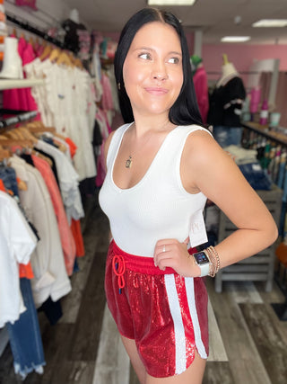Red Full Sequin Shorts With White Side Stripe Queen of Sparkles
