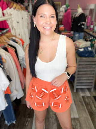 Orange Fuzzy Football Shorts Queen of Sparkles
