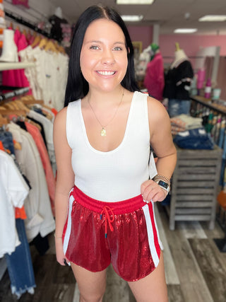 Red Full Sequin Shorts With White Side Stripe Queen of Sparkles