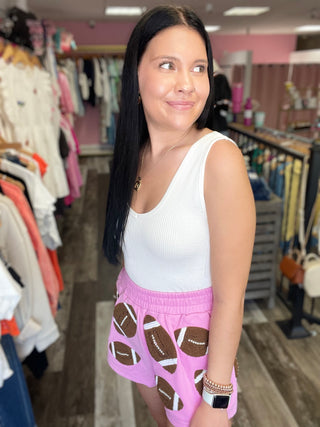 Pink & Brown Fuzzy Football Shorts Queen of Sparkles