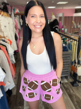 Pink & Brown Fuzzy Football Shorts Queen of Sparkles