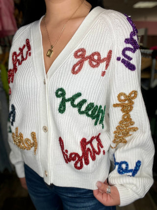 White & Rainbow Go Fight Win Cardigan Queen of Sparkles