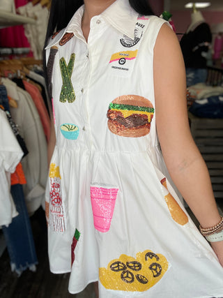 White Tailgate Food Collar Dress Queen of Sparkles