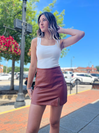 Down Every Road Caramel Faux Leather Skirt