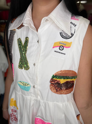 White Tailgate Food Collar Dress Queen of Sparkles