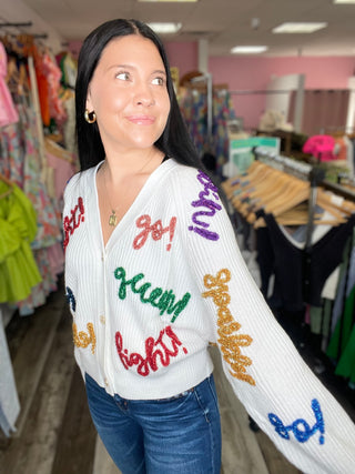 White & Rainbow Go Fight Win Cardigan Queen of Sparkles