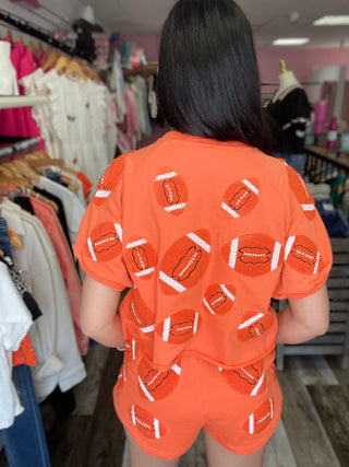 Orange Fuzzy Football Top Queen of Sparkles