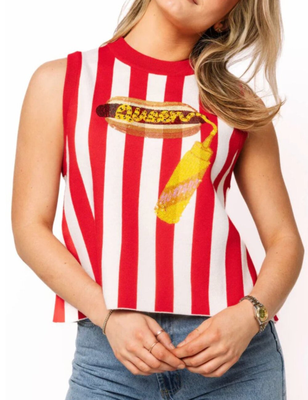 Queen of Sparkles Red and White Stripe Hot Dog Knit Tank