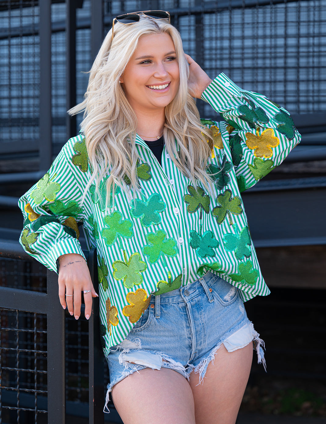 Green & White Striped Rhinestone Shamrock Button Up Long Sleeve Top