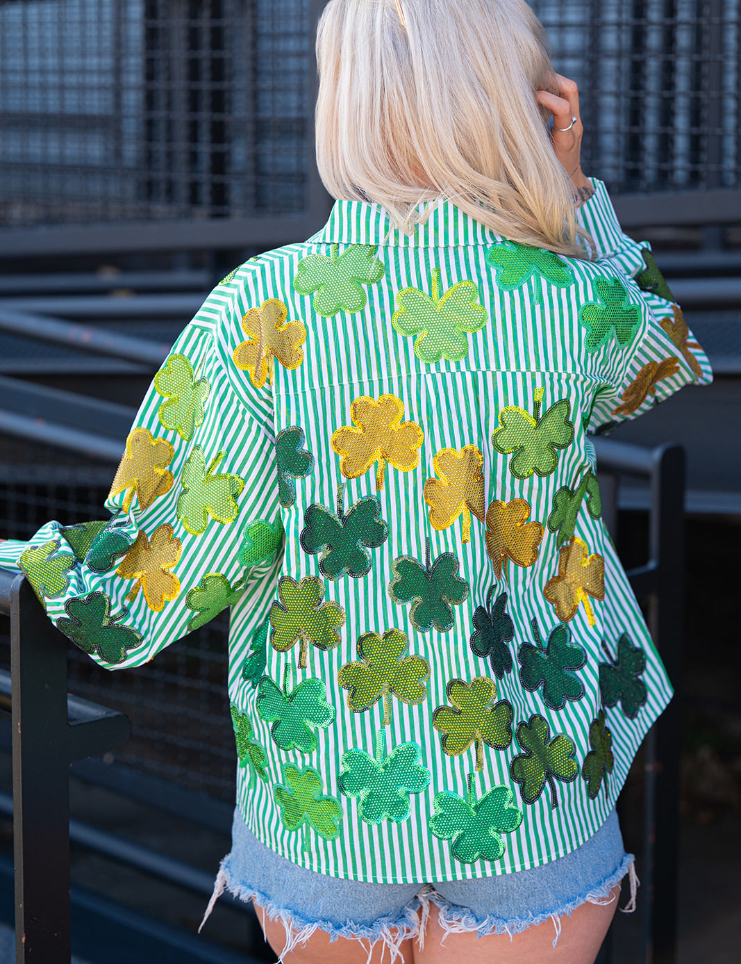 Green & White Striped Rhinestone Shamrock Button Up Long Sleeve Top