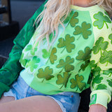 Green Cotton Colorblock Rhinestone Shamrock Sweatshirt- Queen Of Sparkles