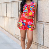Queen of Sparkles Orange Multi Floral Sequin Shorts