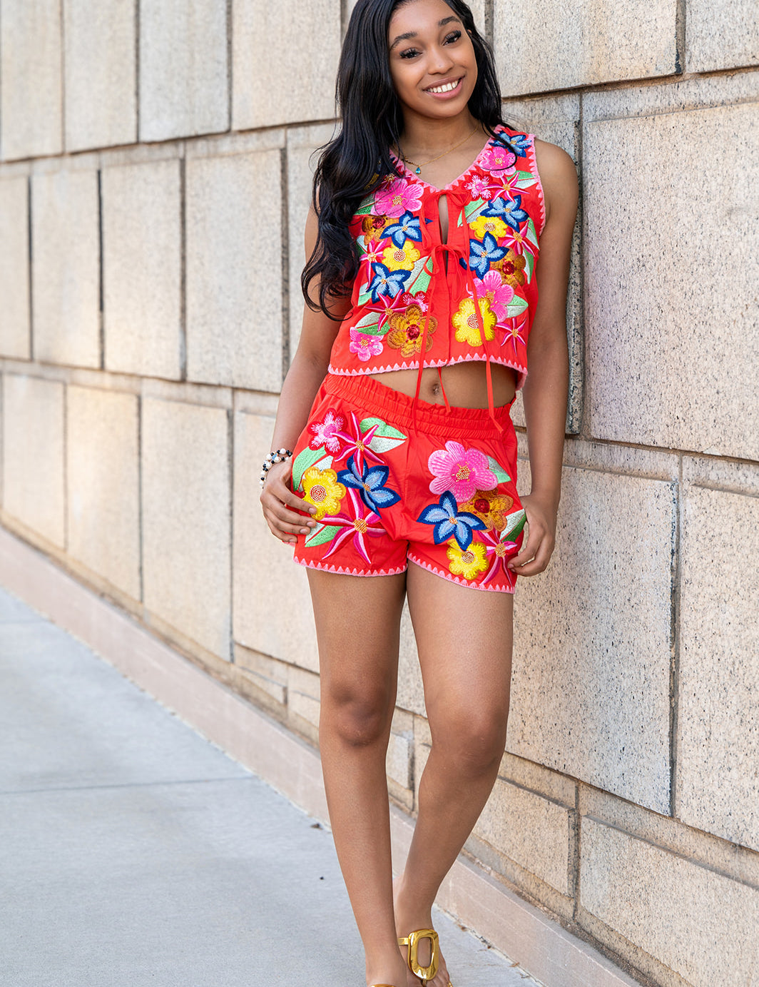Queen of Sparkles Orange Multi Floral Sequin Lace-Up Tank Top