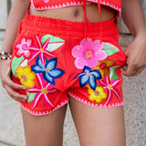 Queen of Sparkles Orange Multi Floral Sequin Shorts
