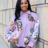Queen of Sparkles Lavender Gingham Queen of Cats Button Up Long Sleeve Top